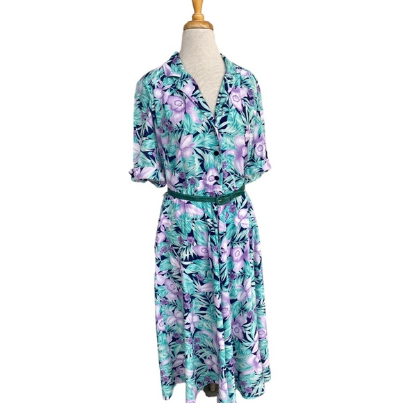 Vtg Sally III Green Purple Floral Midi Shirt Dress Rayon Sz 14 Cottage 80s - Picture 1 of 7